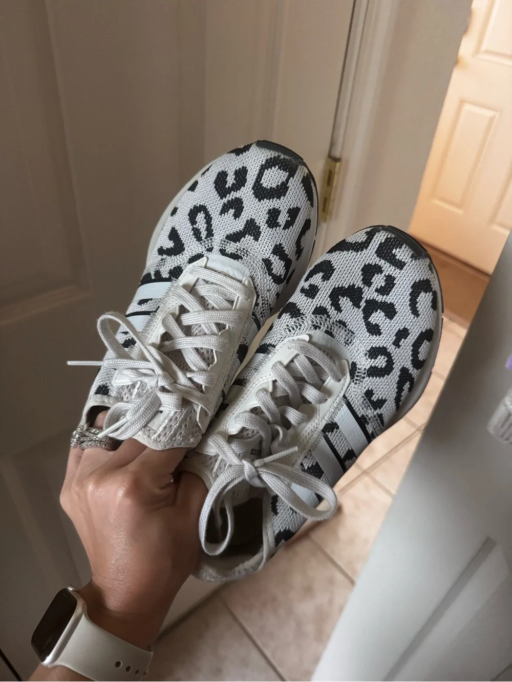 adidas White and Black Leopard Knit Sneakers